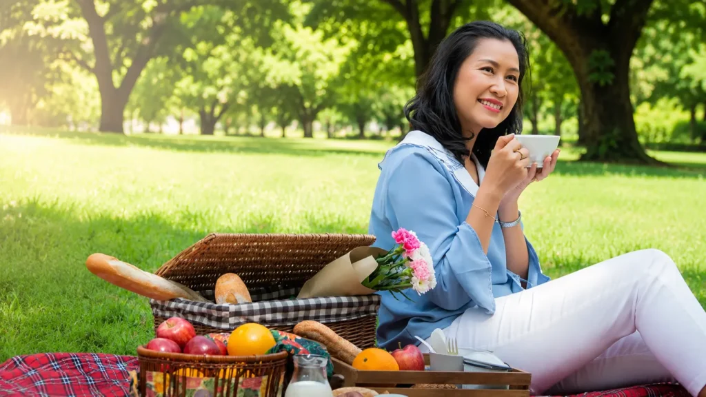 Femme partageant un repas avec plaisir, illustrant une relation plus sereine à l’alimentation grâce à la psycho-nutrition à Ascain.
