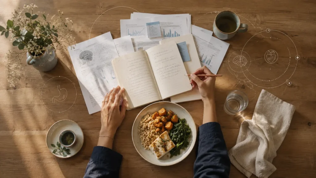 Documents de recherche et repas simple illustrant les études sur l’alimentation intuitive et les signaux internes.